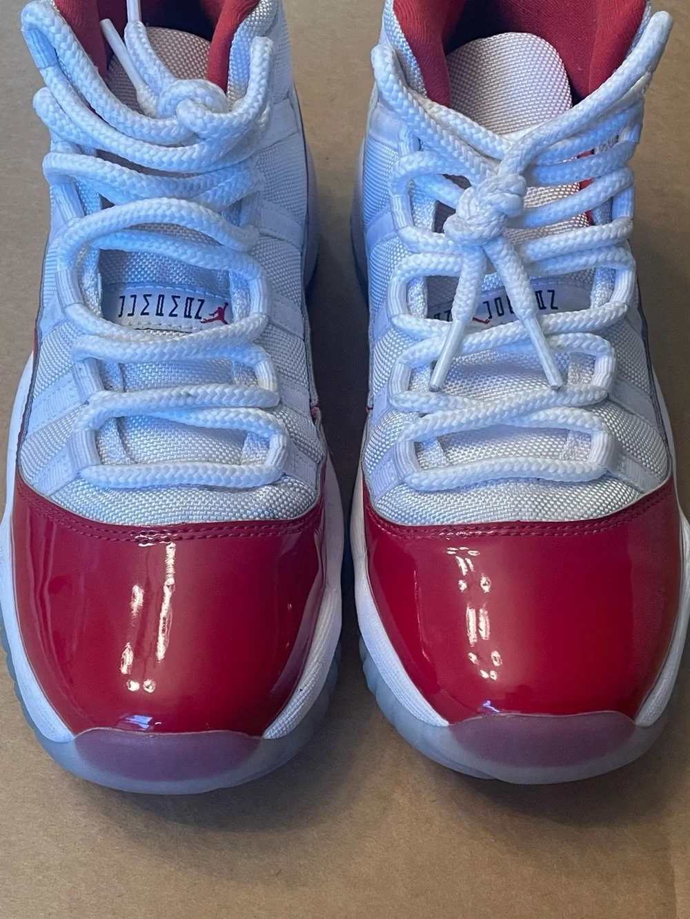 Jordan Kids White & Red Low-Top Sneakers with Glossy Patent Toe